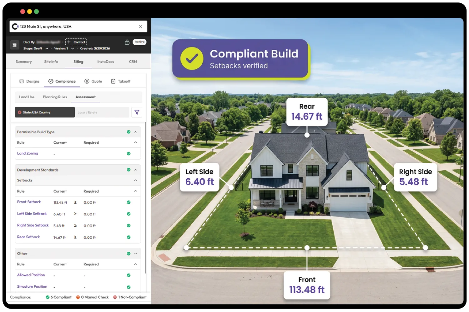 Canibuild compliance dashboard showing setbacks verified on a real lot